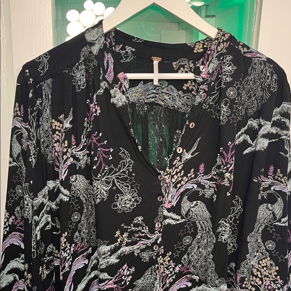 Free People Floral Black and Purple Blouse
